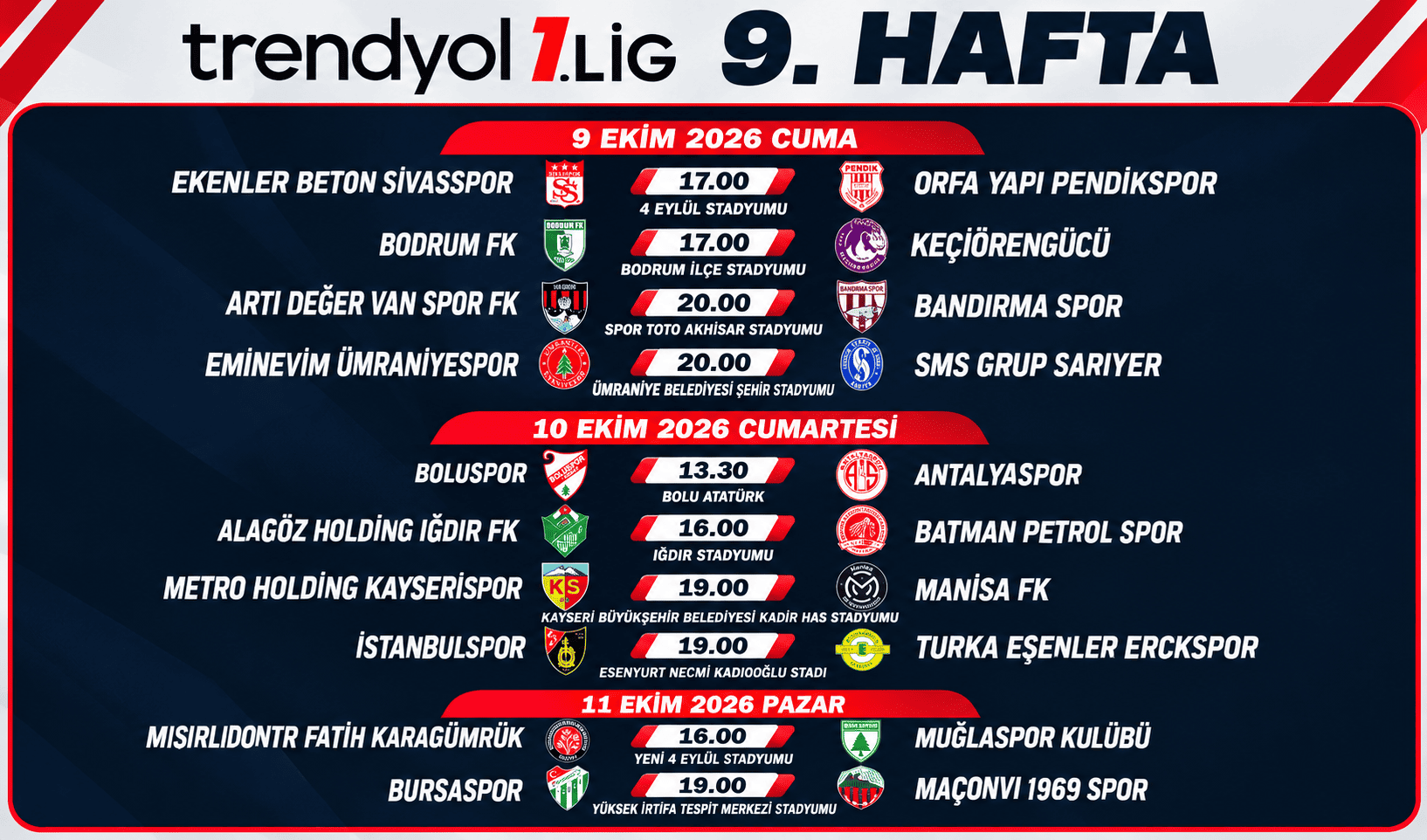 Trendyol 1. Lig'de 9. hafta programı